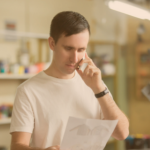 Homem conversando ao celular enquanto olha para um papel, buscando entender como funciona a antecipação do saque FGTS.