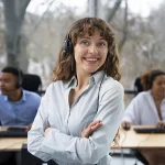 Mulher sorrindo com colegas ao fundo trabalhando no computador, representando o 13° salário em Alagoas.