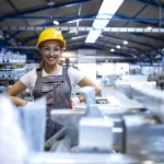 Mulher sorrindo com capacete amarelo em um ambiente industrial, representando o décimo terceiro servidor federal