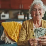 Idosa sentada segurando uma nota de dinheiro, representando o tema quem paga INSS autônomo tem direito a quê.