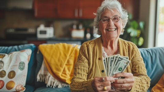 Idosa sentada segurando uma nota de dinheiro, representando o tema quem paga INSS autônomo tem direito a quê.